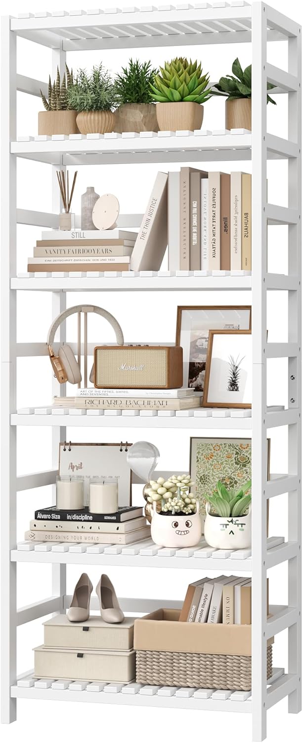 FOTOSOK 6-Tier Bamboo Shelf, Bamboo Bookcase with Adjustable Shelves, Free Standing Storage Shelf