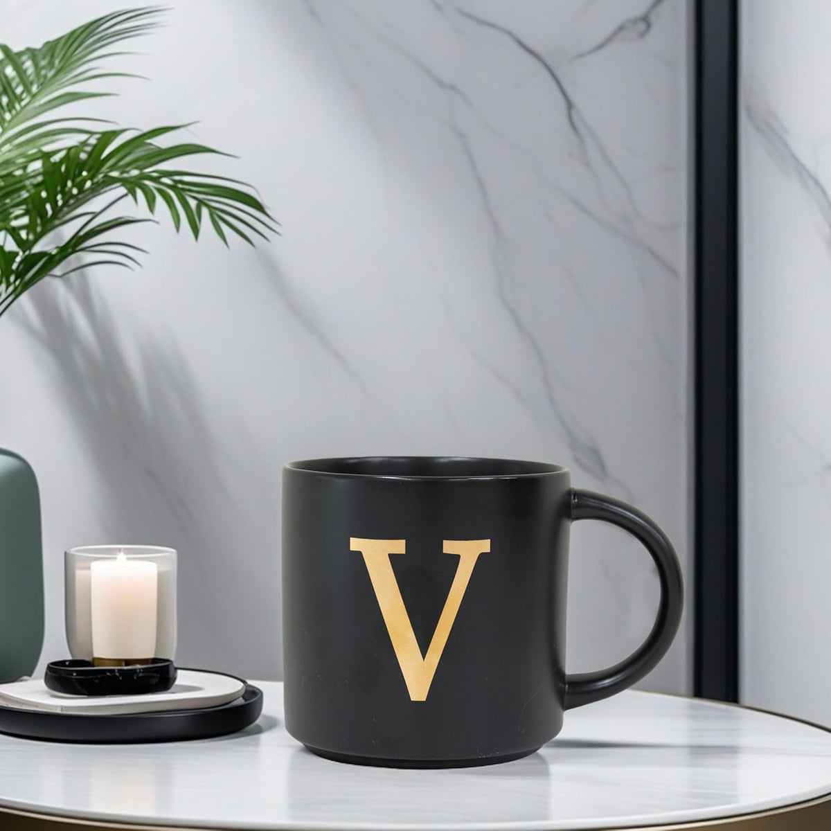 COLLECTIVE HOME - Monogram Ceramic Mugs, 15 oz Golden Initial Black Coffee Cups, Elegant Alphabet