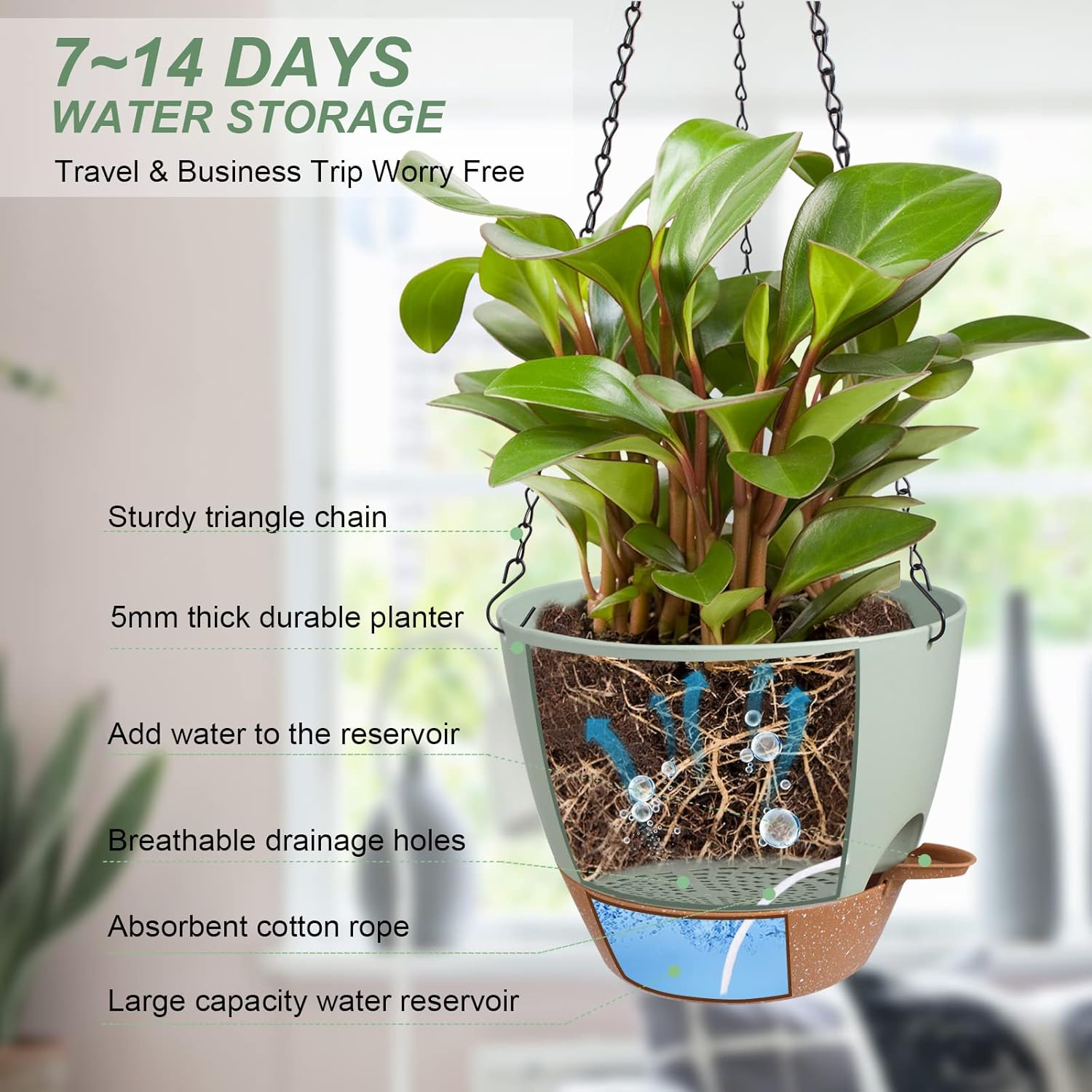 Hanging Planters for Indoor Outdoor Plants, 2 Pack Self Watering Hanging Pot with Drainage Holes &