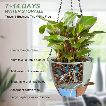 Hanging Planters for Indoor Outdoor Plants, 2 Pack Self Watering Hanging Pot with Drainage Holes &