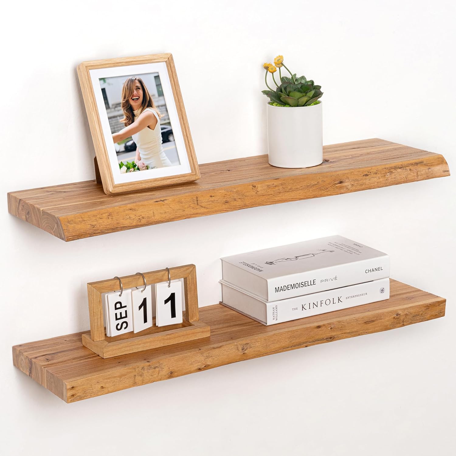 RICHFOCUS Live Edge Elm Floating Shelves - 30" W x 9.3" D Rustic Solid Wood Wall Shelves with