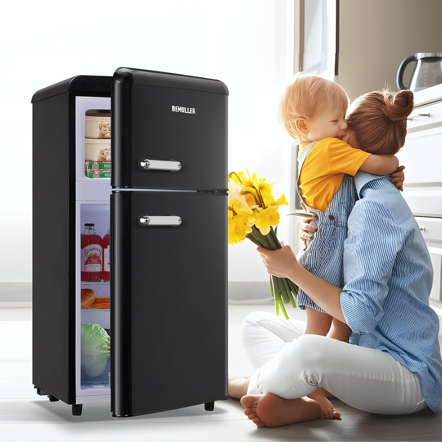 Mini Fridge Dual Door Refrigerator with Freezer, 3.5 Cu.Ft Compact Refrigerator with Handle