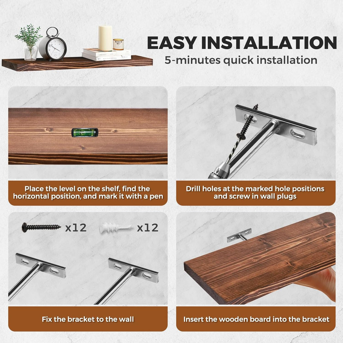 Floating Wall Shelves 2-Pack - 24-Inch Rustic Brown Wooden Shelves for Storage and Décor, Easy