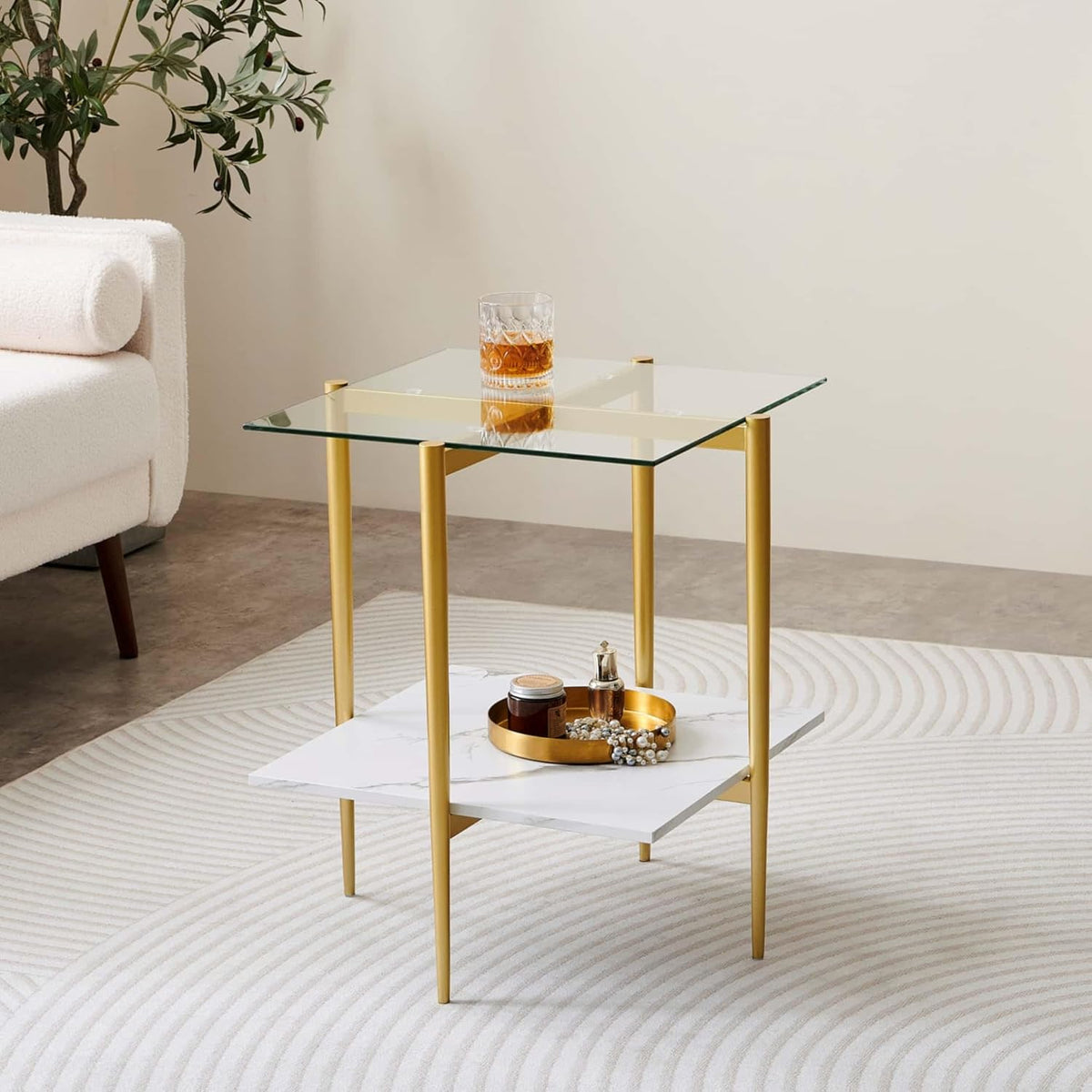 Square Glass End Table, Mid-Century Modern Design Sofa Table, for Living Room, L18 x W18 x H23