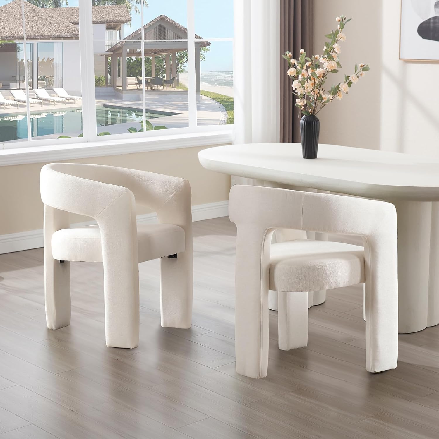 White Chenille Dining Chairs Set of 2, Modern Barrel Dining Room Chairs Upholstered Accent Chair