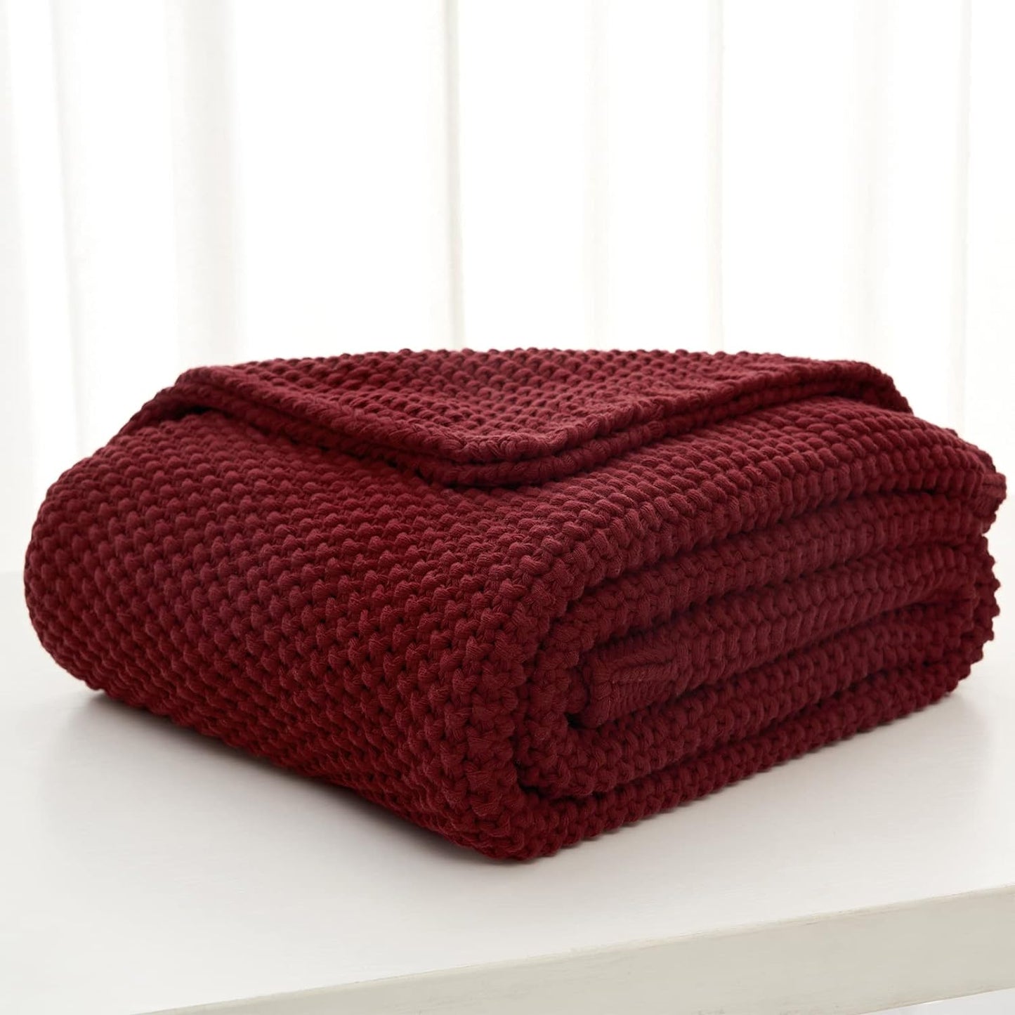 Chunky Cable Knit Throw Blanket Lightweight Wine red 100% Organic Cotton Blanket for Sofa Couch Bed
