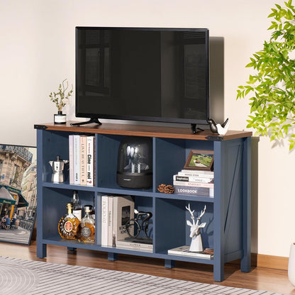 6 Cube Bookcase, Farmhouse Wood Low Storage Organizer Book Shelf, 47" Horizontal Navy Blue Console