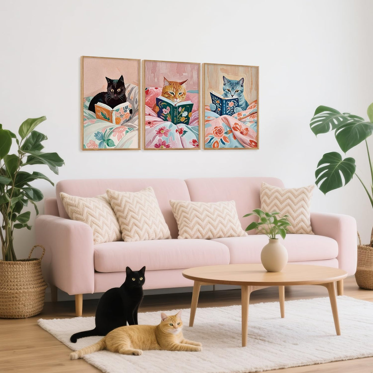 HPNIUB Framed Vintage Black Cats Canvas Wall Art, Funny Animal Reading Books Poster Printing