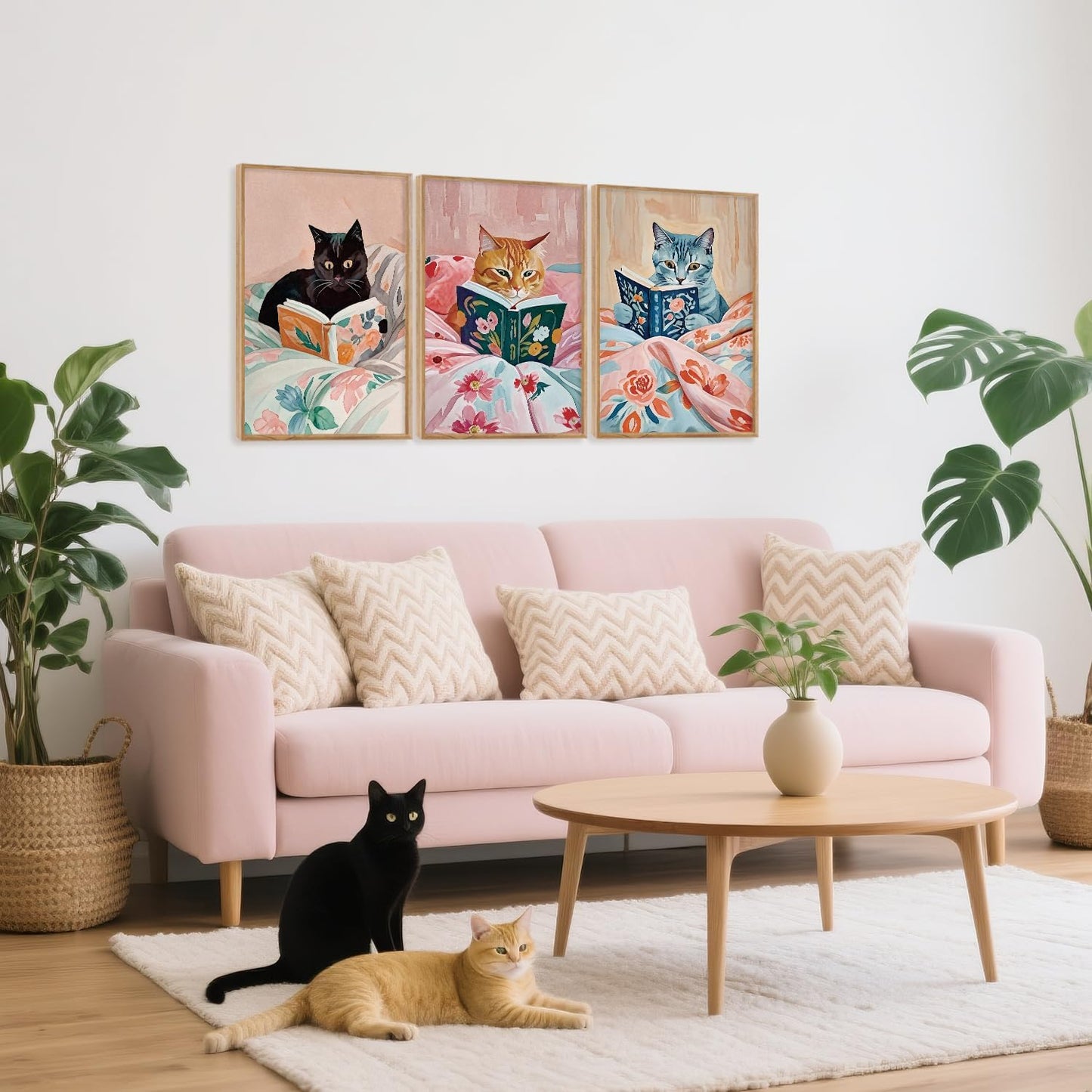 HPNIUB Framed Vintage Black Cats Canvas Wall Art, Funny Animal Reading Books Poster Printing