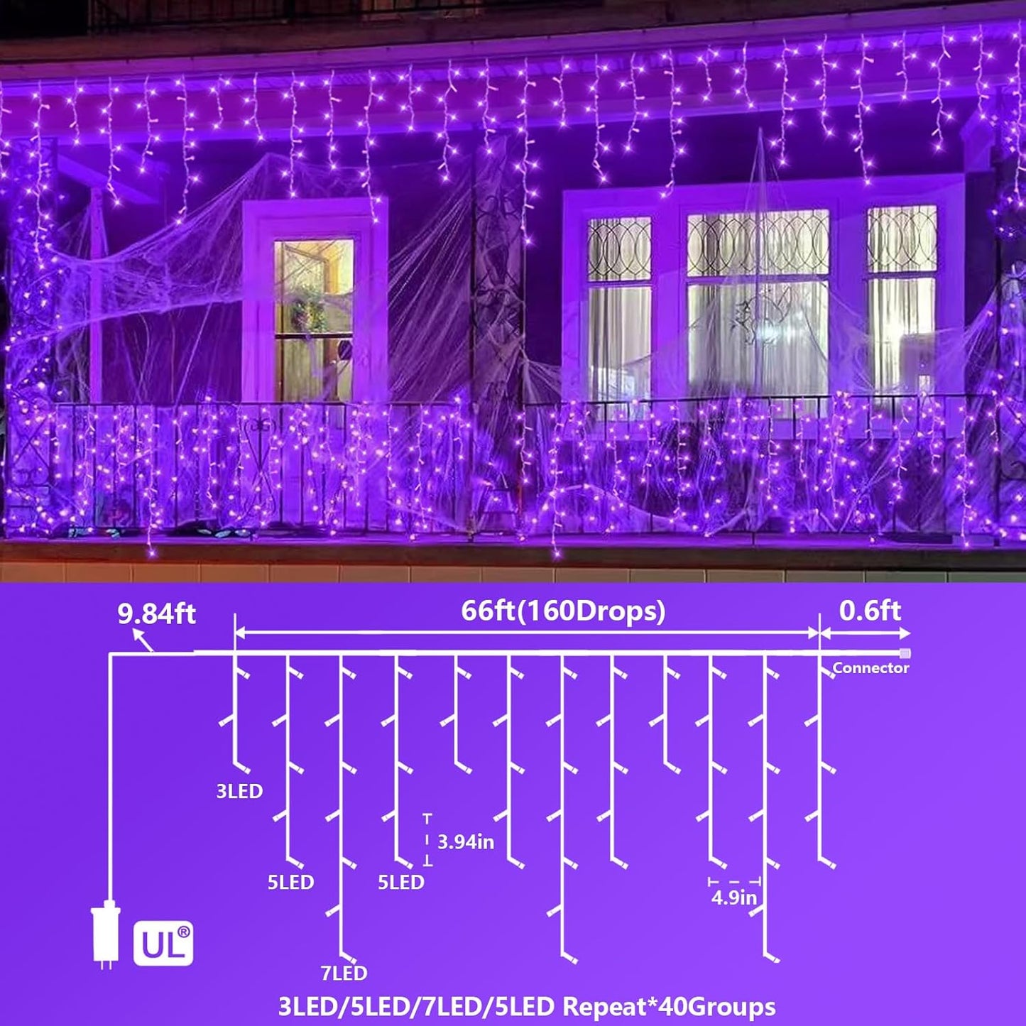 YEGUO 66ft 800 LED Purple Icicle Halloween Lights Outdoor Waterproof, 160 Drops Icicle Light