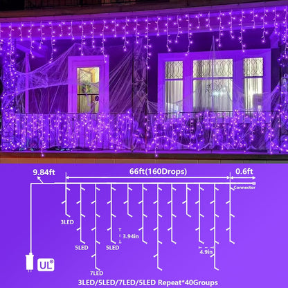 YEGUO 66ft 800 LED Purple Icicle Halloween Lights Outdoor Waterproof, 160 Drops Icicle Light