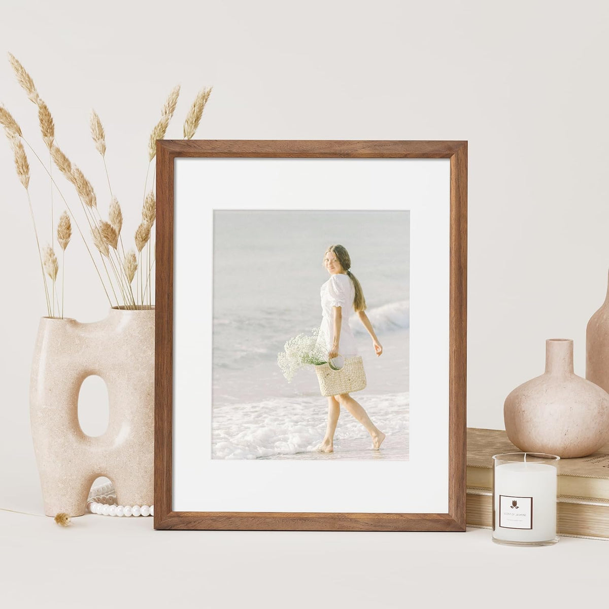 11x14 Picture Frame Set of 4 Natural Solid Walnut Photo Frames with 8x10 Removable Mat Wall Hanging