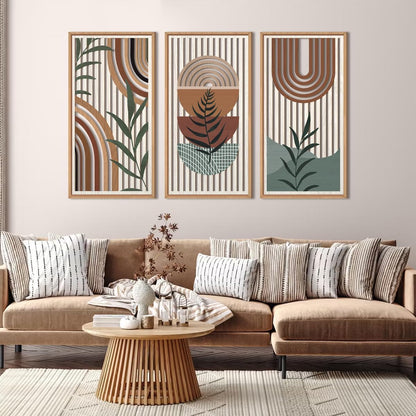 IARTTOP Large Boho Wall Art Set Of 3 Framed Mid Century Modern Wall Decor Abstract Geometric Wood