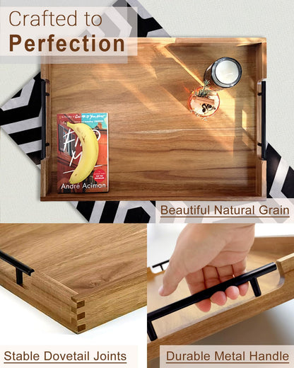 22 Inches Acacia Wood Serving Tray with Metal Handles, Large Wooden Rectangle Ottoman Tray