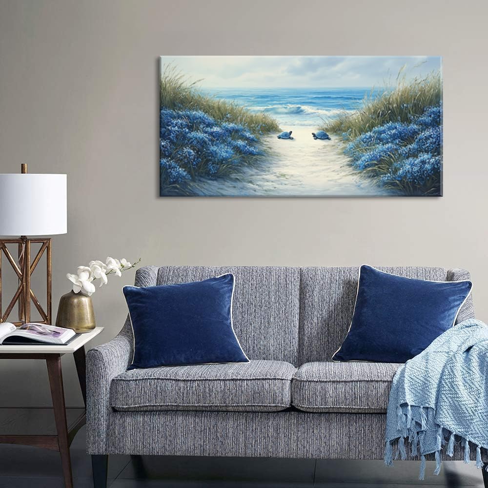 LASMOND Romantic Beach Wall Art for Living Room Blue Sea Turtle Lovers Canvas Painting Prints Ocean