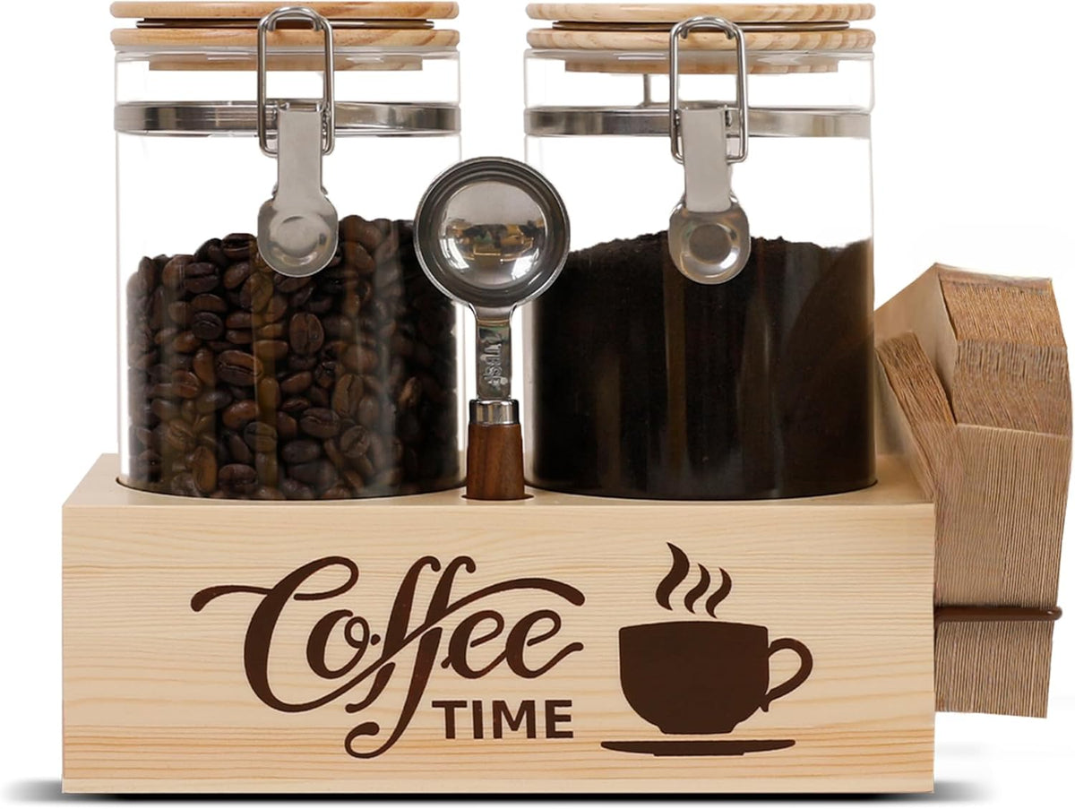 Glass Coffee Canister Set with Shelf & Spoon 2 Piece Coffee Containers for Coffee Bean Storage