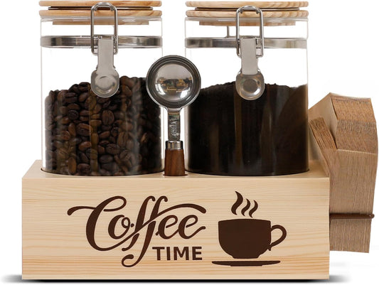 Glass Coffee Canister Set with Shelf & Spoon 2 Piece Coffee Containers for Coffee Bean Storage