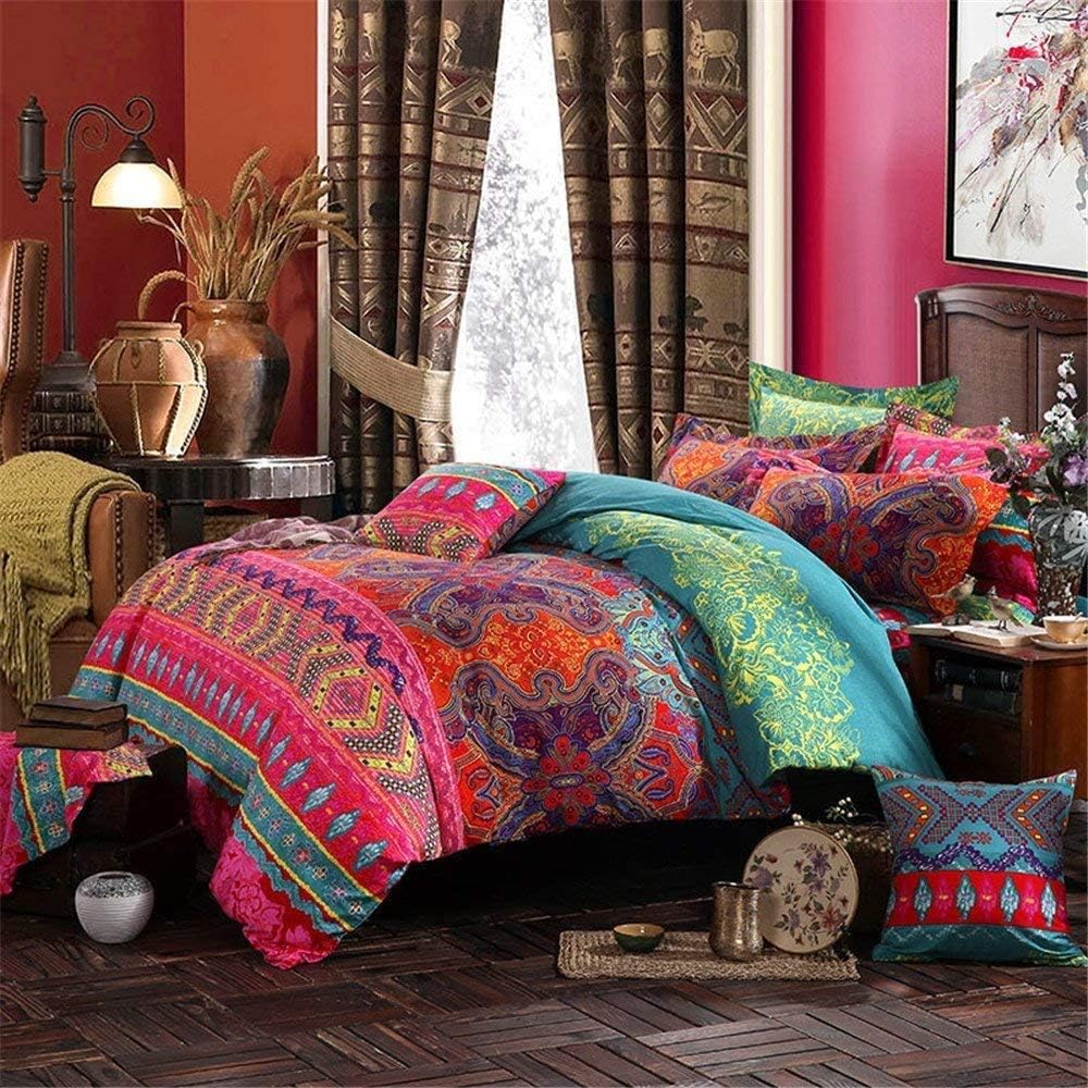 ABREEZE 3Pcs Bohemia Retro Bedding Ethnic Vintage Floral Duvet Cover Boho Bedding 100% Brushed