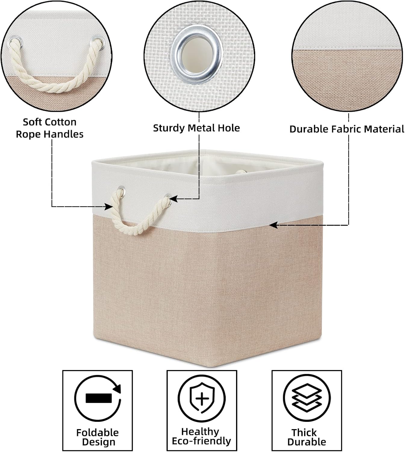 Bidtakay Fabric Storage Baskets for Organizing Beige 13 Inch Collapsible Square Baskets 3 Pack