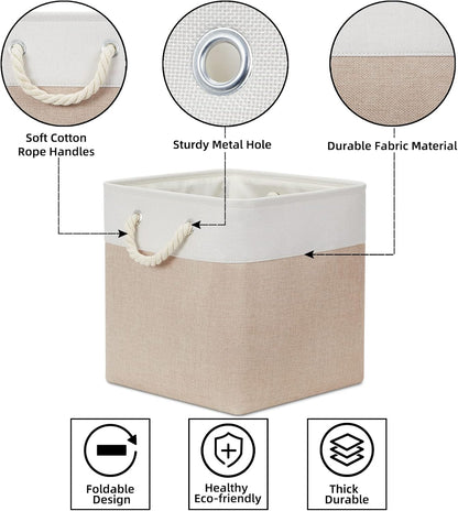 Bidtakay Fabric Storage Baskets for Organizing Beige 13 Inch Collapsible Square Baskets 3 Pack