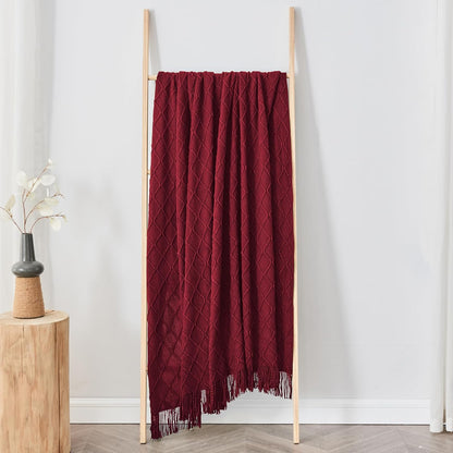 inhand Knitted Throw Blankets for Couch and Bed, Soft Cozy Knit Blanket with Tassel, Claret