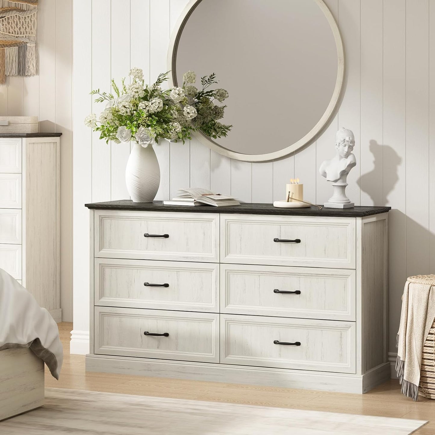 Farmhouse 6 Drawer Dresser for Bedroom, 55 Inch Wide Modern White Dresser TV Stand with Large