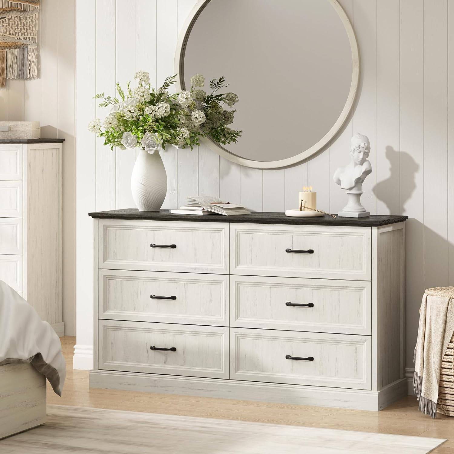 Farmhouse 6 Drawer Dresser for Bedroom, 55 Inch Wide Modern White Dresser TV Stand with Large