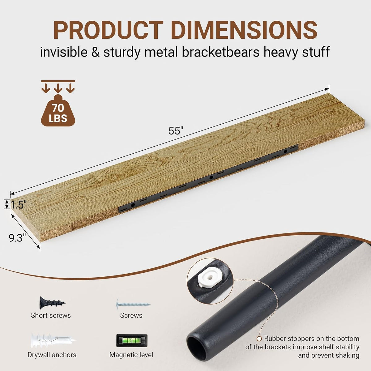 Heimlove 55 Inch Long Floating Shelves for Wall,9.3" Deep Oak Floating Shelves Set of 2,Large
