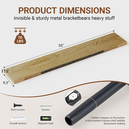 Heimlove 55 Inch Long Floating Shelves for Wall,9.3" Deep Oak Floating Shelves Set of 2,Large