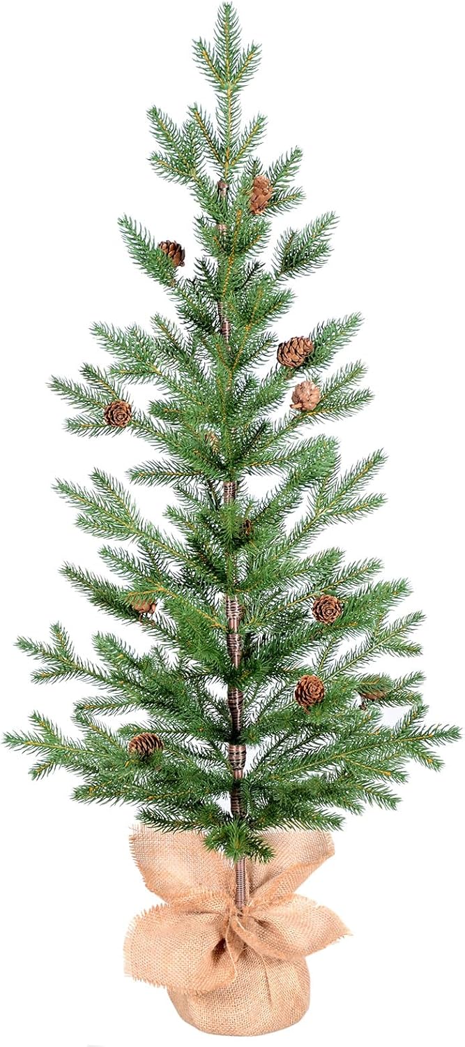3FT Tabletop Artificial Christmas Tree, 209 Realistic PE Branches, Pine Cone Decorations, Unlit