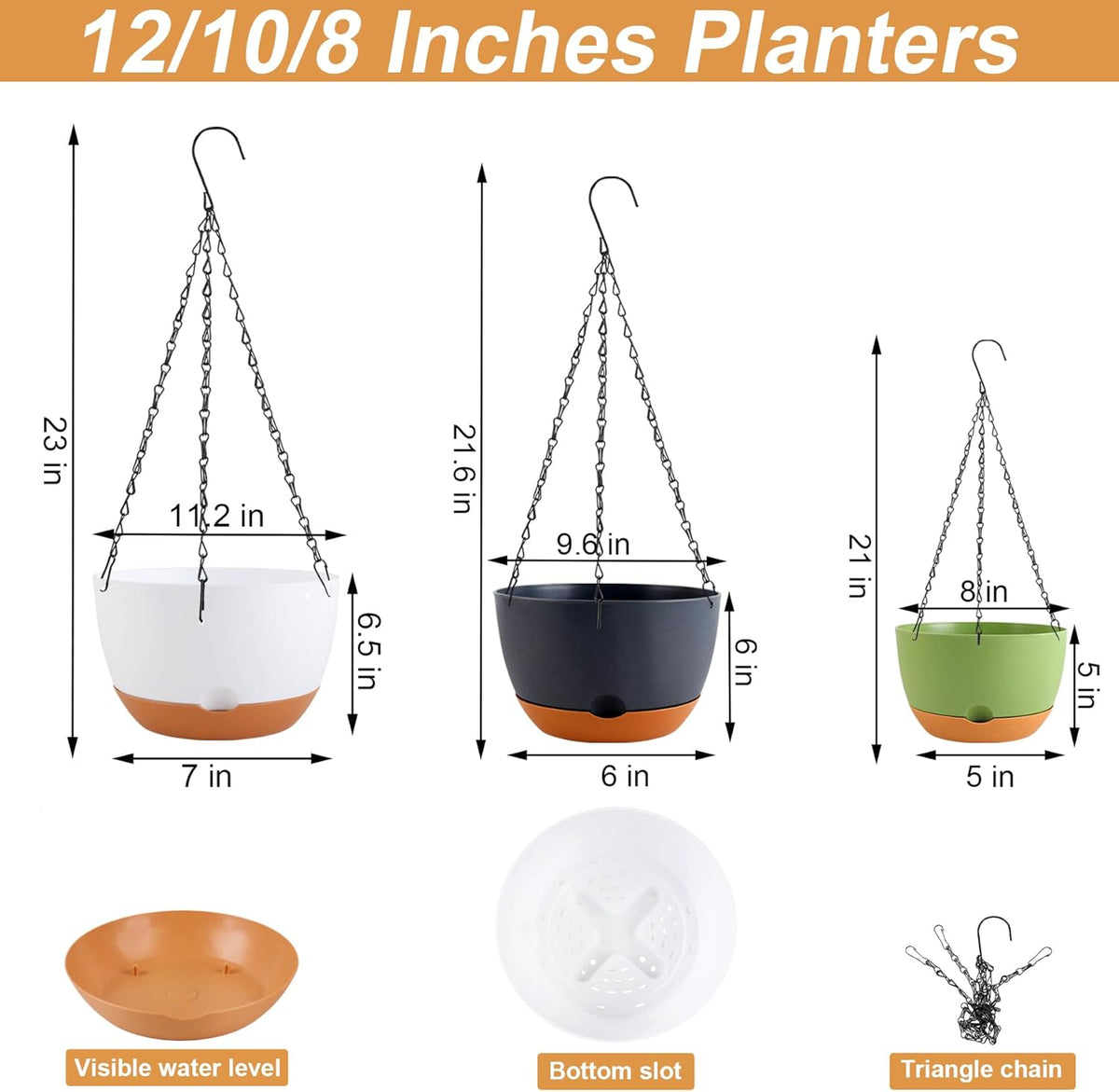 8/10/12 inch Hanging Planters for Indoor Outdoor Plants with Self-Watering Pots, 3 Pack Plastic