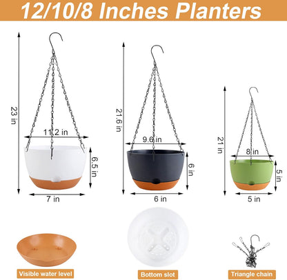 8/10/12 inch Hanging Planters for Indoor Outdoor Plants with Self-Watering Pots, 3 Pack Plastic