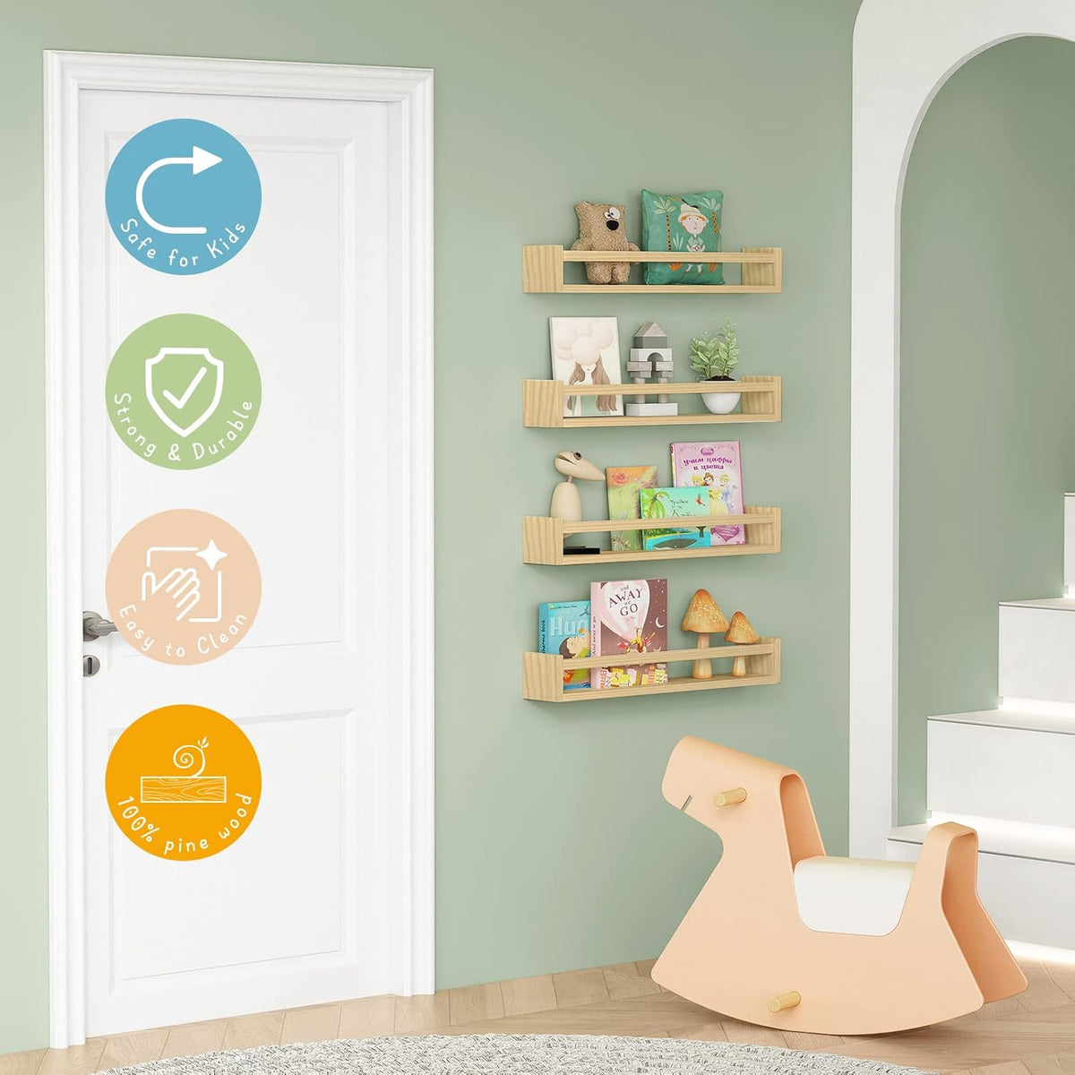 Forbena Natural Wood Nursery Bookshelves for Wall, 24 Inches Long Floating Book Shelves, Wall