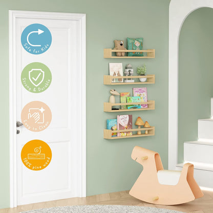 Forbena Natural Wood Nursery Bookshelves for Wall, 24 Inches Long Floating Book Shelves, Wall