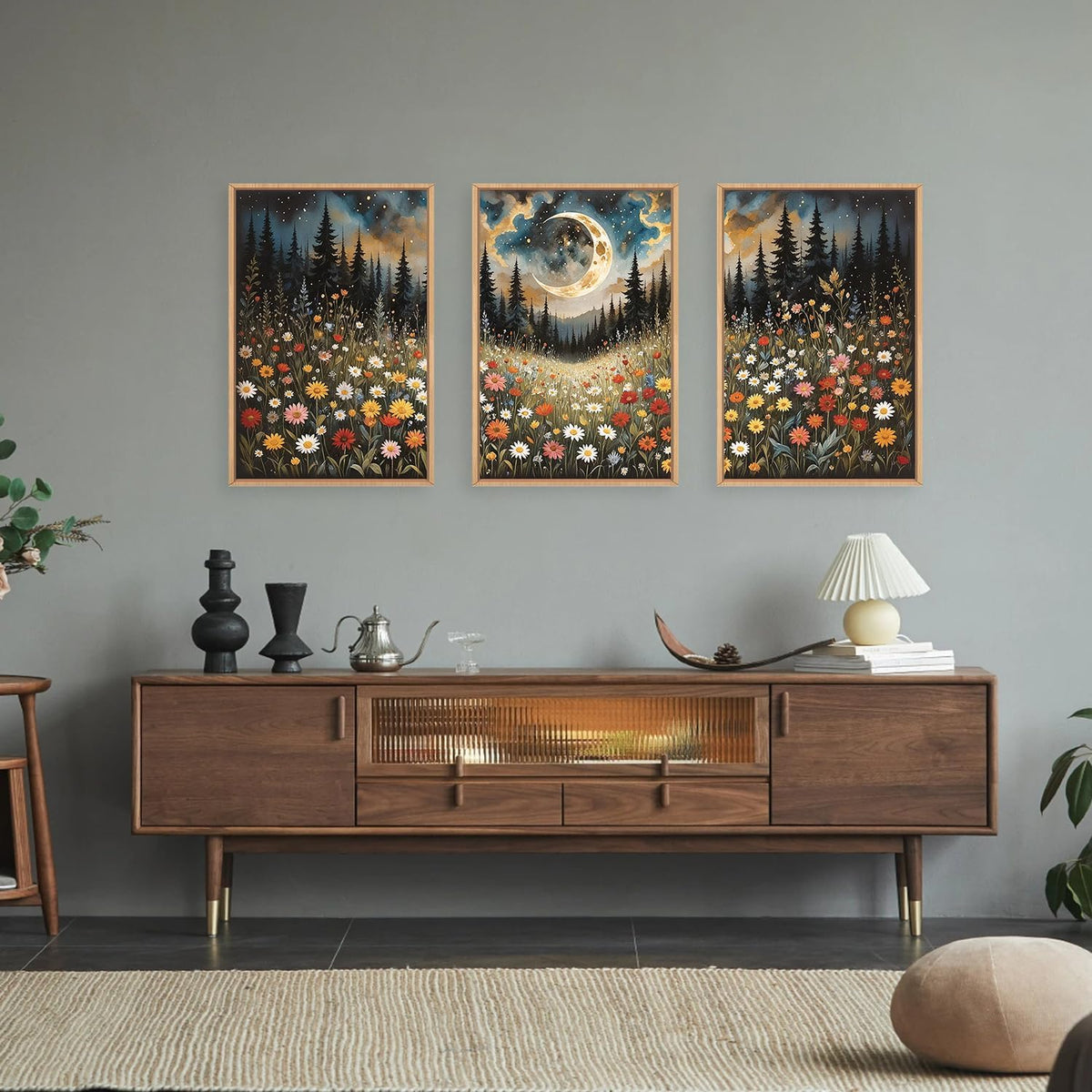 HPINUB Wildflower Moon Forest Framed Canvas Wall Art Set,Nature Pine Tree Wall Decor,Mystical