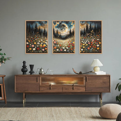 HPINUB Wildflower Moon Forest Framed Canvas Wall Art Set,Nature Pine Tree Wall Decor,Mystical