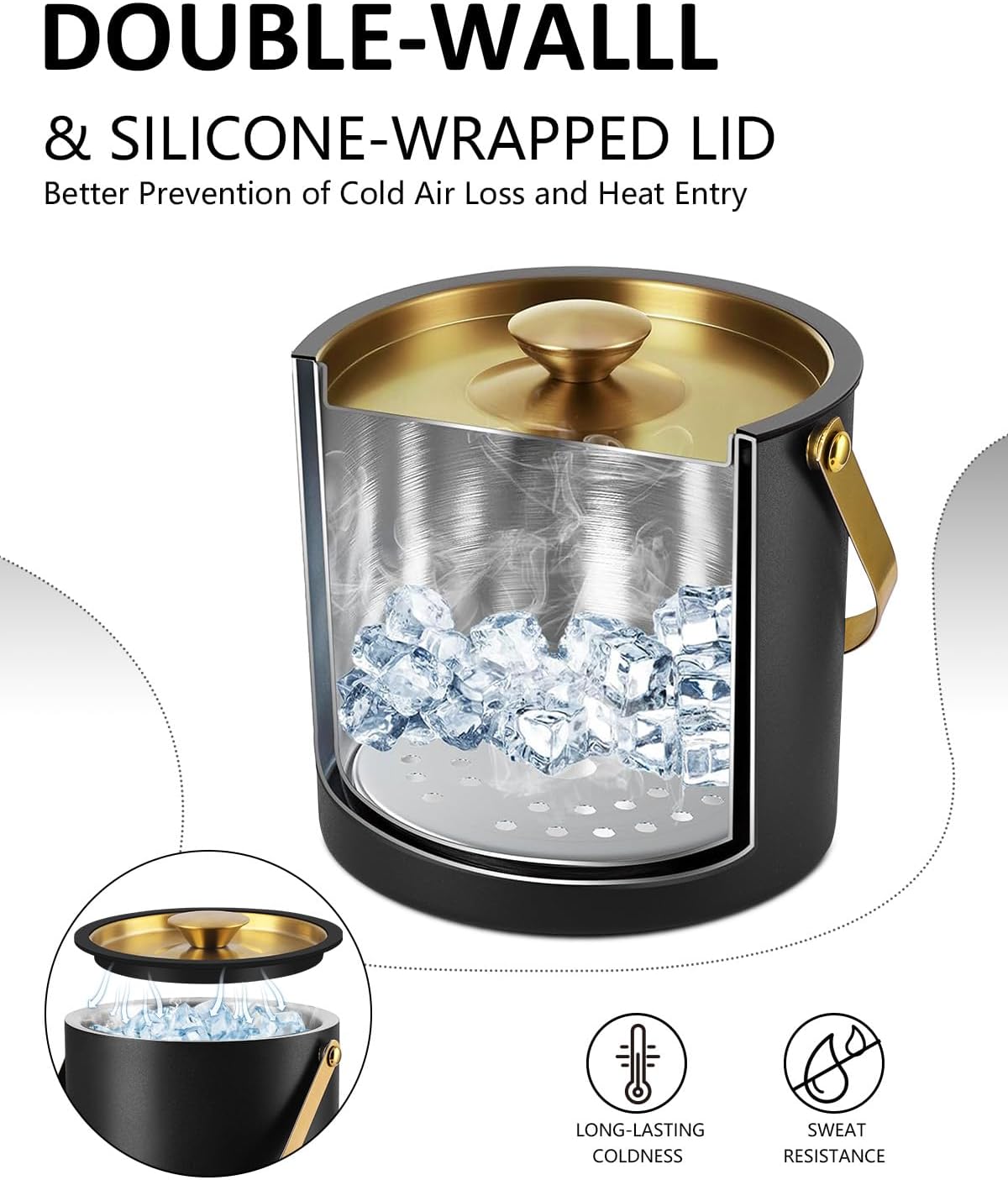 3L Ice Bucket with Silicone Lid, Scoop, Gold Tongs & Strainer, Stainless Steel Double Wall