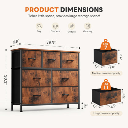 Sweetcrispy 7 Drawer Dresser for Bedroom Storage with Fabric Bins, Brown
