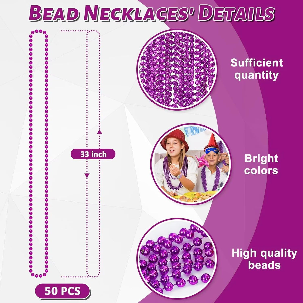 50PCS Mardi Gras Beads, Purple Bead Necklace Party Favors, 33" Necklaces, Festival Parade Throw