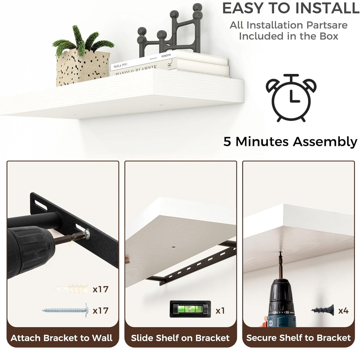 Floating Shelves for Wall, Large Wall Mounted Shelves with Invisible Brackets, Long Wood Floating