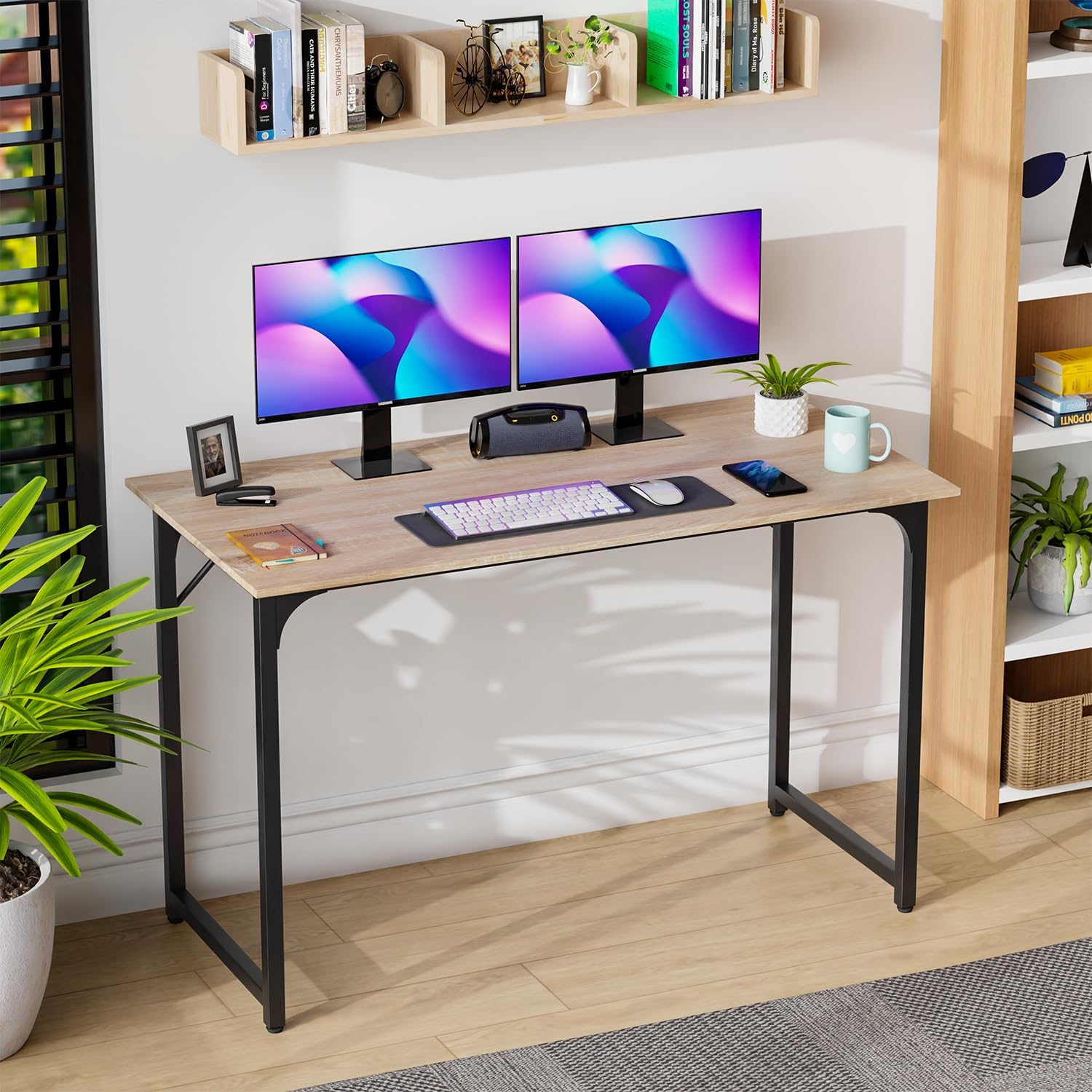 PayLessHere | 47 Inch Computer Desk | Nature | Office Desk with Metal Frame, Adjustable Feet |