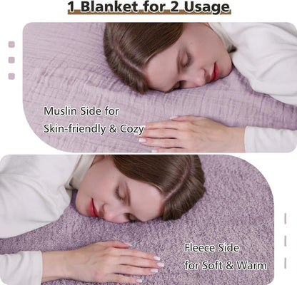 EMME Muslin and Fleece Throw Blanket Reversible - 50"*60" Lavender Soft Warm Throw Blankets for