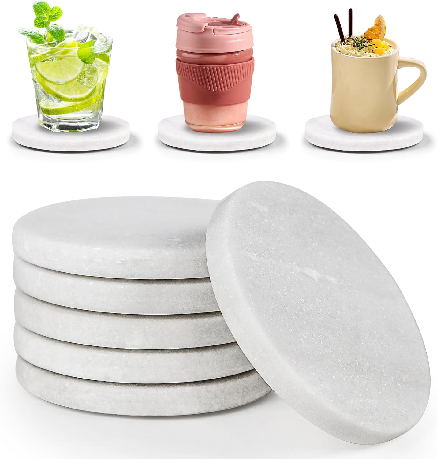 White Marble Coasters with Bling Particles, Set of 6 - Natural Marble Stone Drink Coaster with
