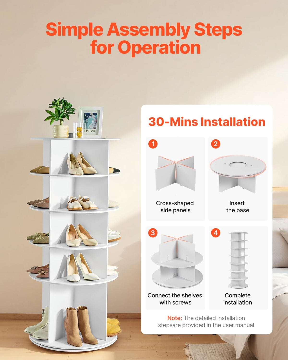 VEVOR 5 Tiers Rotating Shoe Rack Tower, 360° Spinning Shoe Rack, Revolving Storage Round Carousel