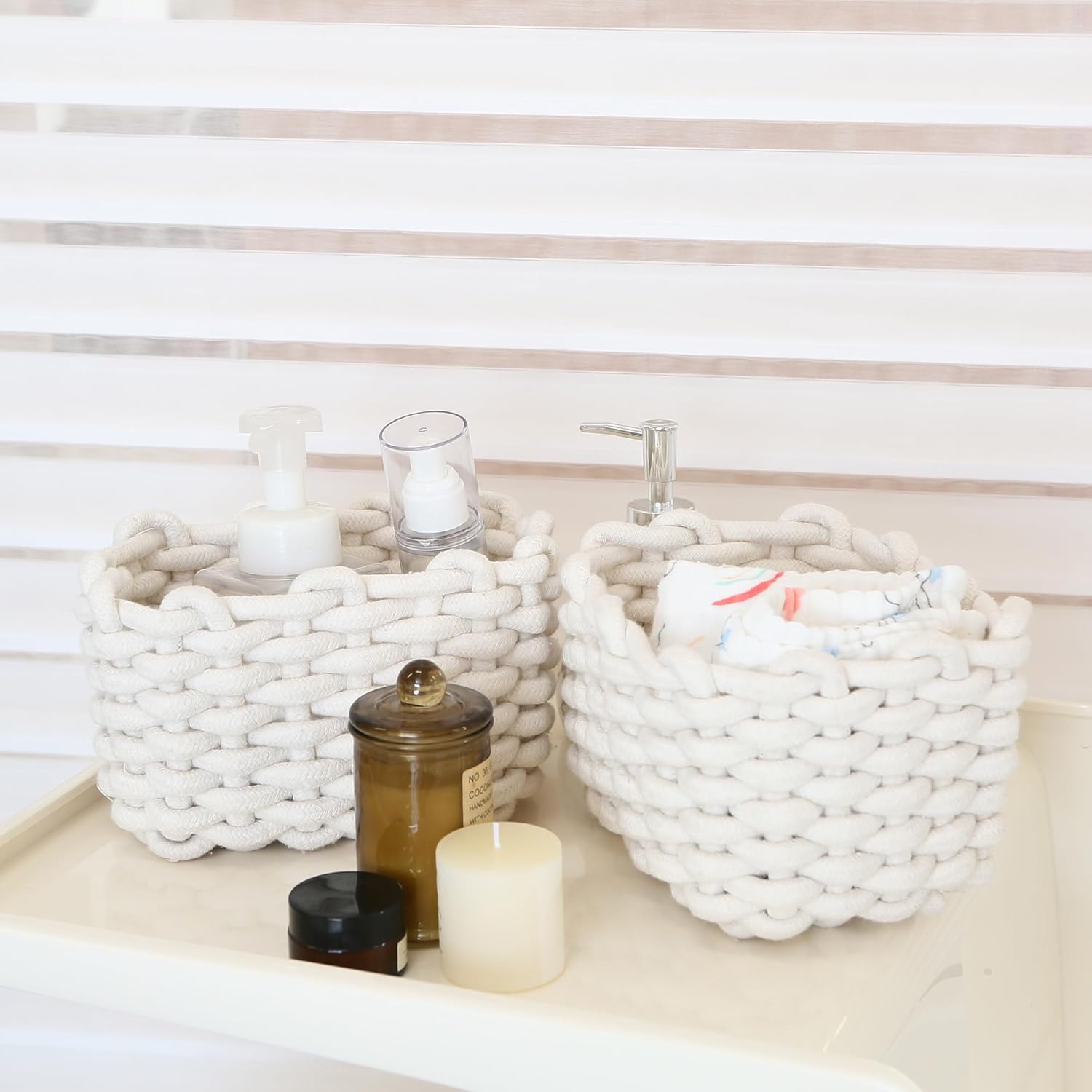 Sea Team 3-Pack Rectangle Woven Cotton Rope Storage Baskets with Handles, Shelf Basket, Closet