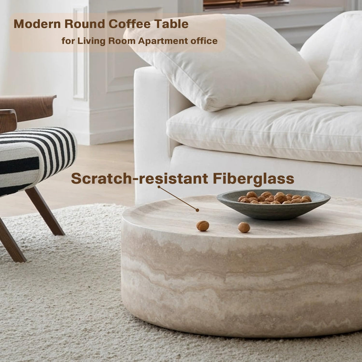 Faux Marble Coffee Table, Modern Round Coffee Table for Living Room, Circle Drum Coffee Side