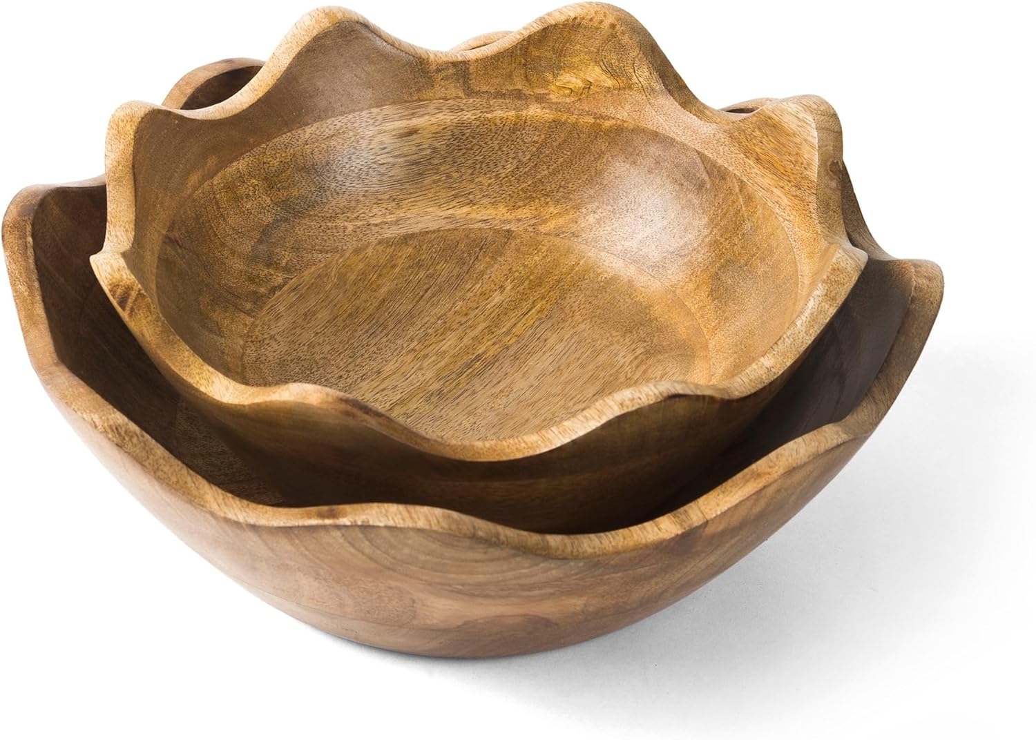 Mela Artisans Wooden Scalloped Bowl - Set of 2, Large & Medium |Mango Wood Natural Grain Finish |