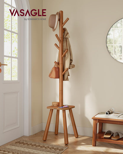 VASAGLE Coat Rack, Free Standing Coat Stand, Hall Coat Tree with 8 Hooks and Storage Shelf, 69.2