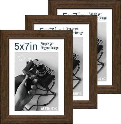 5x7 Picture Frame 3 Pack - Brown Woodgrain, Wood Photo Frame, HD Tempered Glass, Table Display or