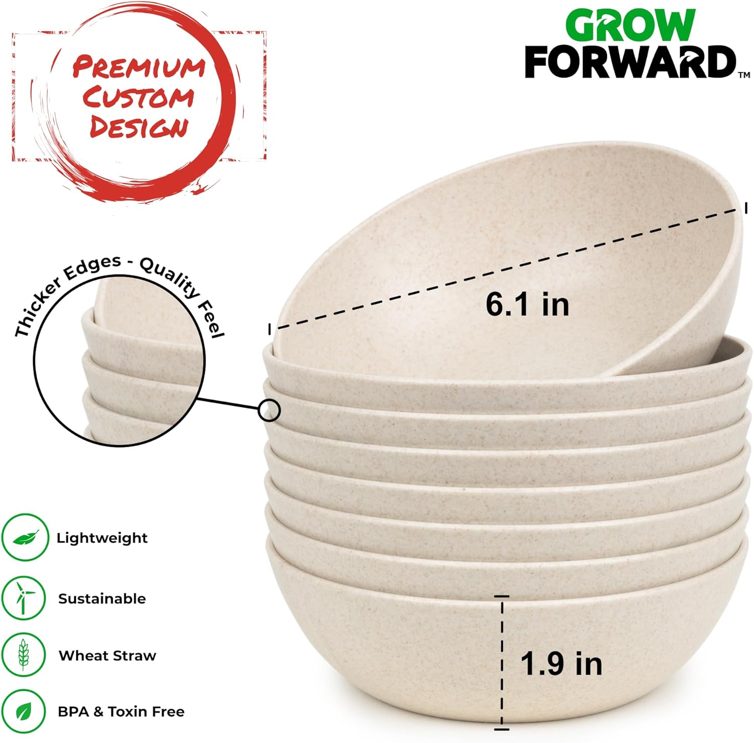 Grow Forward Premium Wheat Straw Bowls - 20oz Microwave Safe Plastic Cereal Bowls Set of 8 for
